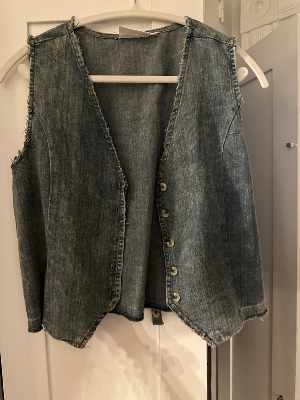 Raw-Edge Button Front Denim Vest - Washed Blue